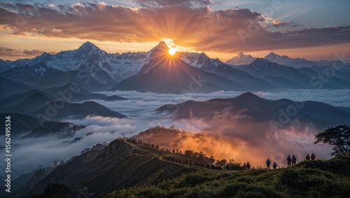 A breathtaking sunrise from Tiger Hill with golden light illuminating the snow-covered peaks of Kanchenjunga and Everest, mist rolling over the valleys, and tourists watching in silhouette.