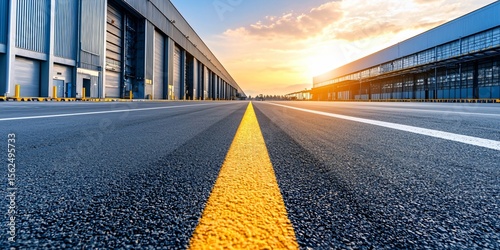 clean highway passing beside massive warehouse facility, neat lines on road, minimalistic industrial color tones, bright afternoon light with hard shadows, balanced frame