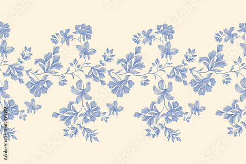 Vintage floral ethnic tapestry modern embroidery texture boho design vector illustration hand drawn silhouette indigo blue flower motif branches leaves wallpaper seamless background border.