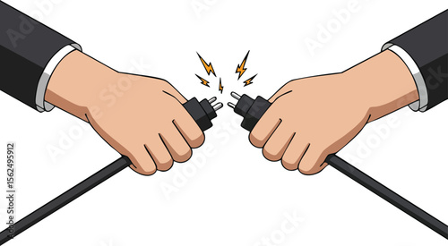 Hands Disconnecting Two Electric Cables with Sparks Symbolizing Power Cut or Connection Issue in Vector Design