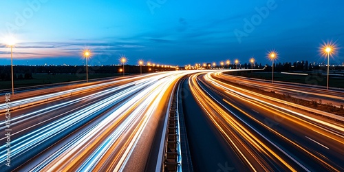 open night highway with distant tail light trails, wide-angle shot, smooth reflective road, modern lane markers glowing, crisp starry sky, clear ambient lighting detail