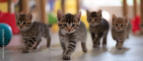 Four playful kittens explore their surroundings, showcasing their curious nature and adorable charm. The vibrant environment emphasizes their lively antics and cuteness.