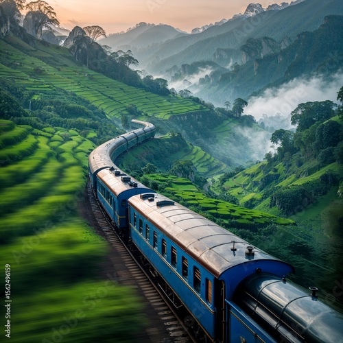 Blue heritage train winding through green Nilgiri hills surrounded by tea gardens and early morning mist, evoking a nostalgic journey.