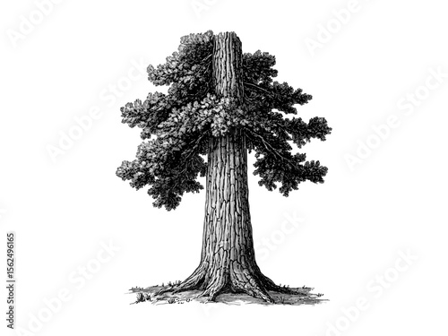 Vintage engraving of cedar tree trunk, hand-drawn botanical art, cedar bark detail, evergreen tree illustration, rustic woodland decor, nature tree art, eco-friendly wall print