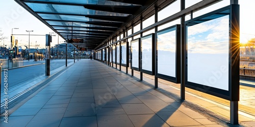 empty billboard at city bus station with sharp clean angles, tiled floor, matte finish, reflected sky on the glass roof, captured in bright daylight, ultra clear photo