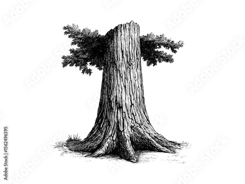 Old engraving style cedar tree trunk, vintage hand-drawn cedar bark, evergreen botanical art, rustic tree decor, retro woodland sketch, eco-friendly nature illustration, black sketch
