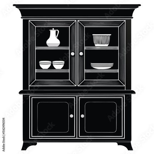 Classic Black Wooden Hutch Elegant Storage and Display Solution for Kitchen or Dining Room
