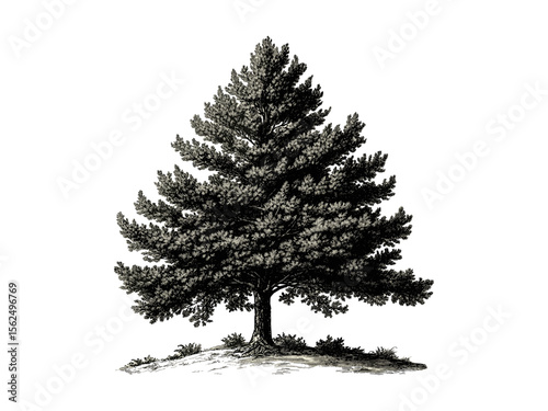 Hand-drawn vintage botanical art, engraving of cedarwood tree, cedar branches, evergreen tree, retro woodland decor, black sketch, eco-friendly nature print, old engraving style, rustic wall art