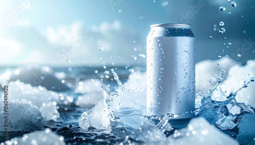 Refreshing Cold Drink Can in Ice Water Splash