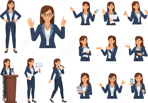 Professional Businesswoman Character Set: Vector Illustrations in Various Poses