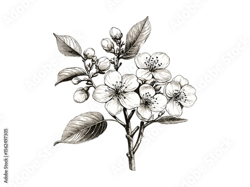 Hand-drawn cherry blossom tree, vintage engraving style, rustic spring botanical sketch, eco-friendly nature art, retro flower illustration, black line drawing, classic floral decor.