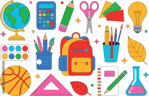 Illustration of school supplies including globe calculator backpack and stationery items laid out


