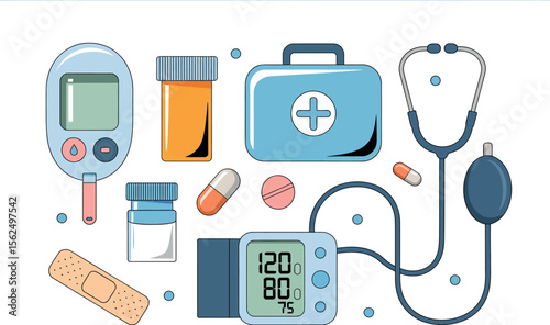 Illustration of medical equipment including stethoscope, blood pressure monitor, and medication


