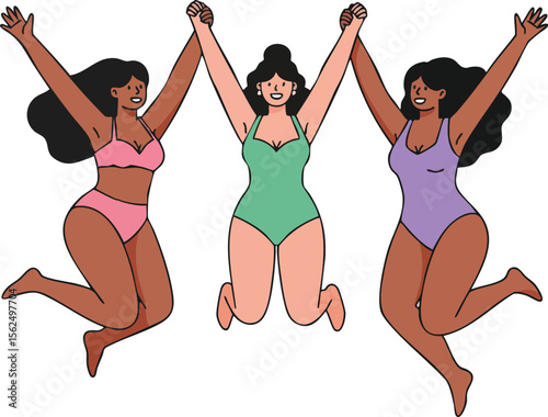 Group of diverse women jumping happily in colorful swimsuits expressing joy and friendship in summer lifestyle scene vector illustration