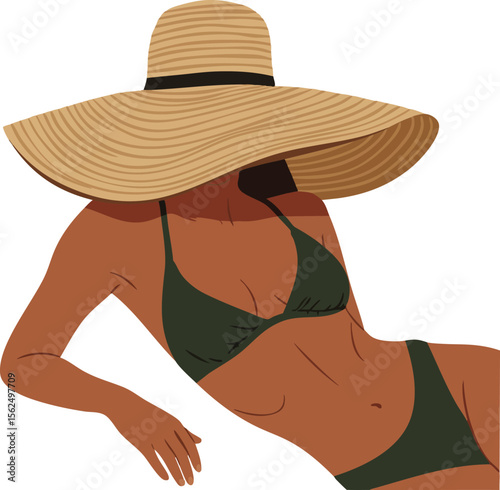 Woman relaxing in wide brimmed sun hat and dark green bikini vector illustration summer lifestyle fashion