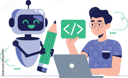 Illustration of a robot holding a pencil and a person coding on a laptop with code symbol


