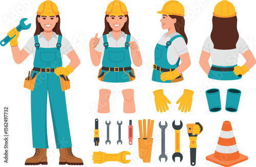 Illustration of a female construction worker in various poses with tools and safety equipment


