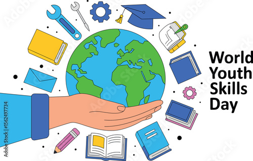 Illustration of world youth skills day with earth in hand and educational tools around it


