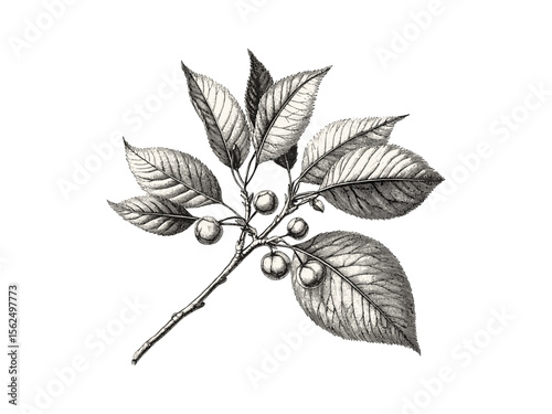 Vintage hand-drawn cherry tree leaves, rustic botanical illustration, black sketch, old engraving style, eco-friendly print, cherry foliage, woodland art, nature wall decor