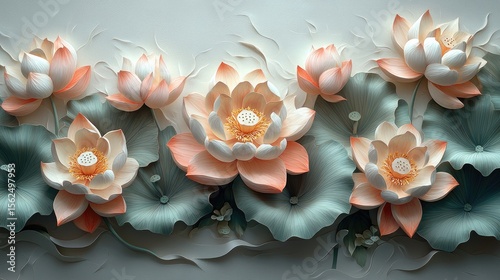 Ornate lotus flowers with detailed leaves in soft peach and cream tones.