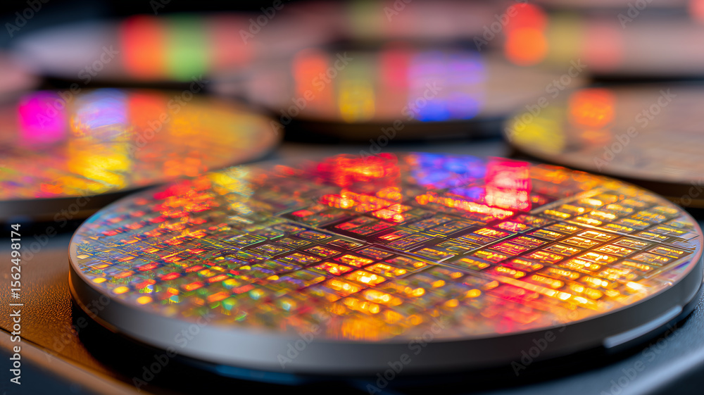 Obraz premium Prismatic Silicon Wafers: vibrant close-up of patterned semiconductor discs highlighting advanced chip fabrication science. 