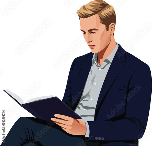 Man in navy suit reading book focused on learning and concentration vector illustration