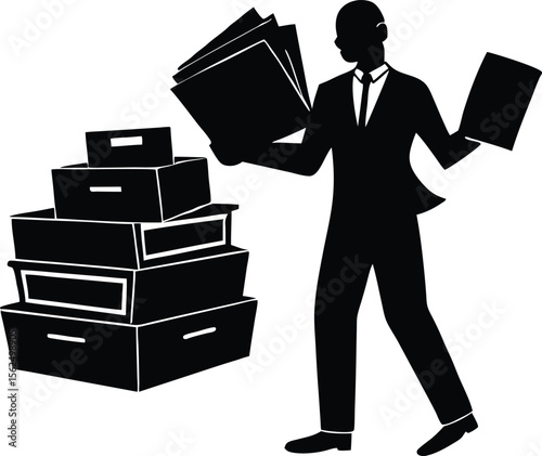 Silhouette of Office Manager Organizing Files | Administrator Sorting Documents