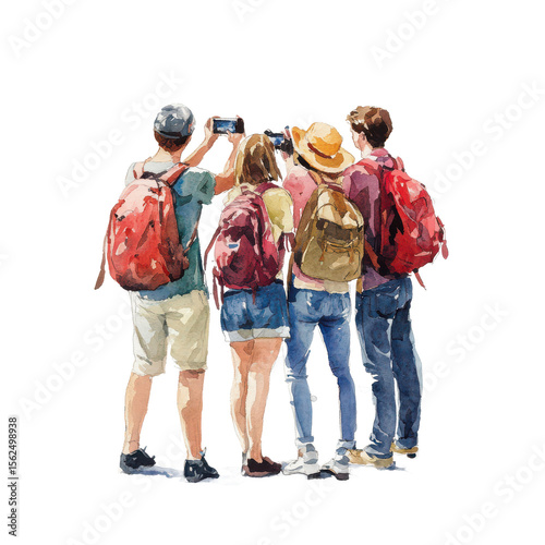 Young tourists group photo watercolor _ Youth travelers taking a selfie, watercolor style. Transparent PNG ideal for travel apps, postcards, or adventure campaigns.