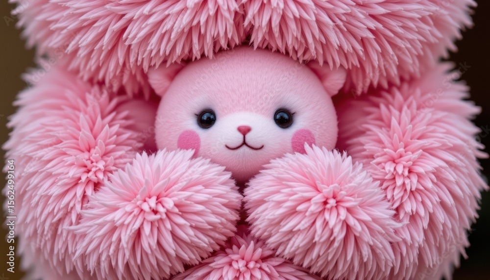 Fototapeta premium a soft, pink object is centered, resembling a plush animal with a smooth face, dark eyes, a small nose, and circular markings on its cheeks