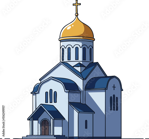 Orthodox Christian church with golden dome and cross vector architecture religious building illustration