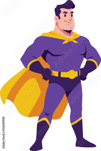 Superhero character in confident pose wearing purple suit and yellow cape vector illustration for comic and fantasy design