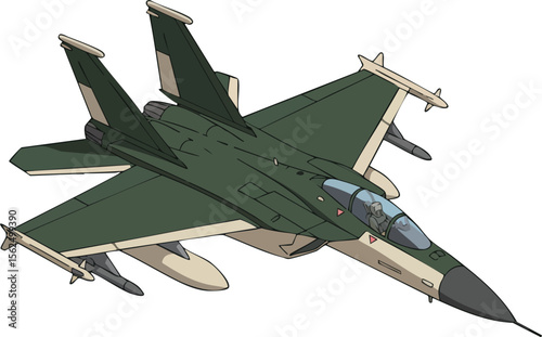 Military fighter jet aircraft vector illustration with camouflage green and beige colors and sleek aerodynamic design