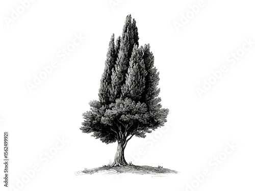 Cypress tree trunk engraving, vintage botanical sketch, black ink cypress bark, nature tree art, hand-drawn retro woodland illustration, eco-friendly natural sketch, rustic forest artwork.