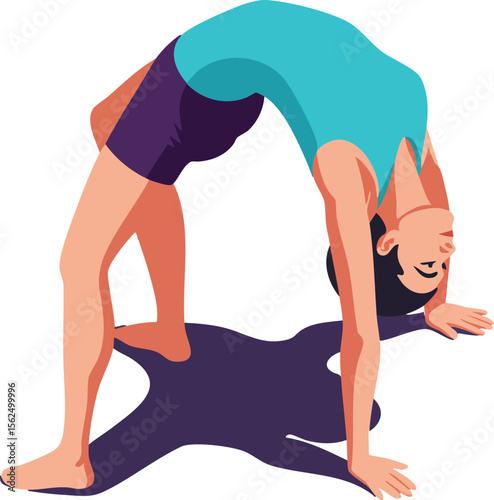 Woman performing yoga bridge pose in turquoise top and purple shorts stretching body naturally vector illustration