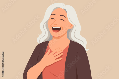 Happy elderly woman laughing out loud. Cheerful senior lady with grey hair expressing pure joy and happiness. Concept for healthy aging, good mood, and positive lifestyle.