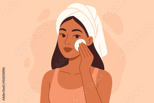 Young Woman Removing Makeup with Cotton Pad, Skincare Routine Illustration, Beauty Care Concept, Facial Cleansing, Self-Care, Spa and Wellness Vector Cartoon