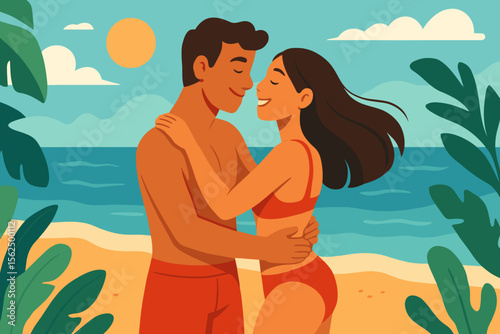 Romantic couple holding hands on a tropical beach at sunset. Loving man and woman on summer vacation. Honeymoon travel, relationship bliss. Vector illustration of love by the sea.