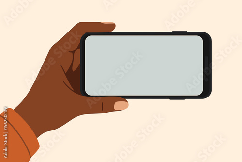 Black woman hand holds smartphone horizontally. Mockup of mobile phone with blank screen. African American person using gadget. Watching video, browsing internet, using app. Flat vector