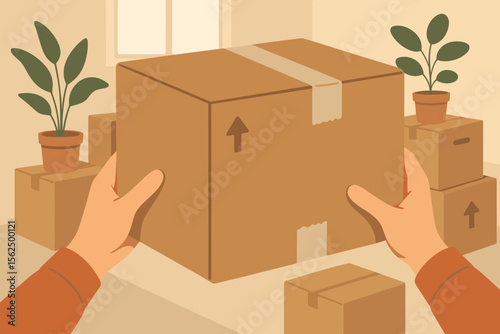 Person moving house, hands carrying a cardboard box POV. Relocation and packing concept. Unpacking in a new apartment. Moving day, delivery service, fresh start vector illustration.