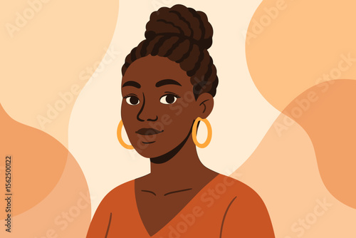 Beautiful African American woman portrait with braided hair bun and gold hoop earrings. Modern flat vector illustration of a stylish Black girl looking forward. Female empowerment.