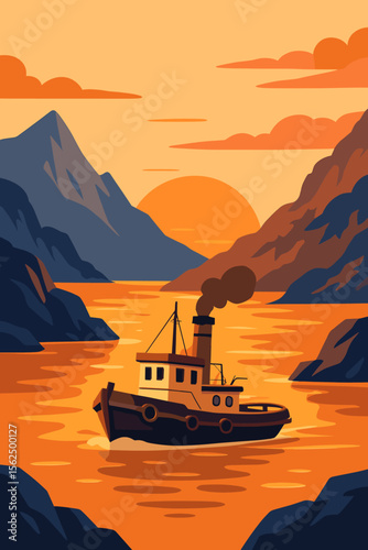 Vintage tugboat sailing in a scenic mountain fjord at sunset. Old steamship navigating a tranquil bay between rocky cliffs. Seascape vector illustration for a travel poster.