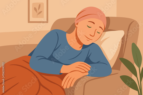 Hopeful woman with cancer resting peacefully in bed. Patient wearing headscarf recovering after chemotherapy. Concept of oncology, healthcare, medical support, and survival.