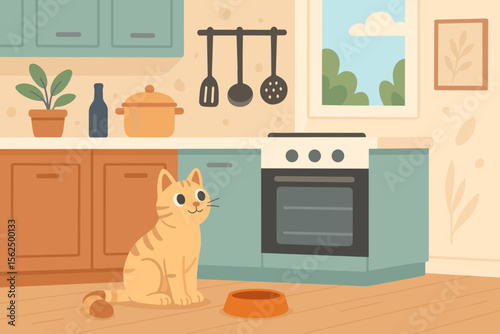 Hungry ginger cat waiting for food by an empty bowl in a modern kitchen interior. Cute tabby pet at home during feeding time. Domestic animal life flat cartoon vector illustration.