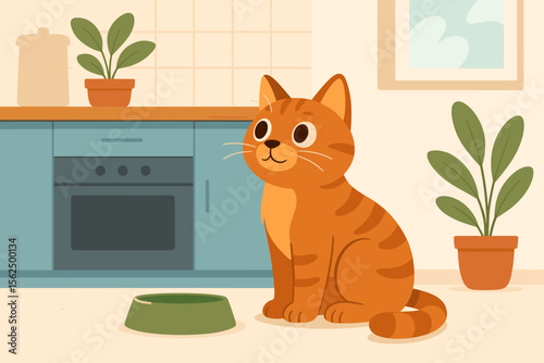 Cute ginger cat waiting for food next to an empty bowl in a modern kitchen. Hungry tabby kitten character at feeding time. Domestic pet care and animal life concept cartoon illustration.