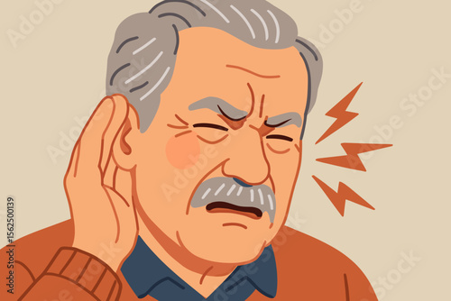 Senior man with an earache suffering from pain in his ear. Unhappy elderly person with a hearing problem, tinnitus, or otitis. Old male experiencing deafness. Medical flat vector illustration.