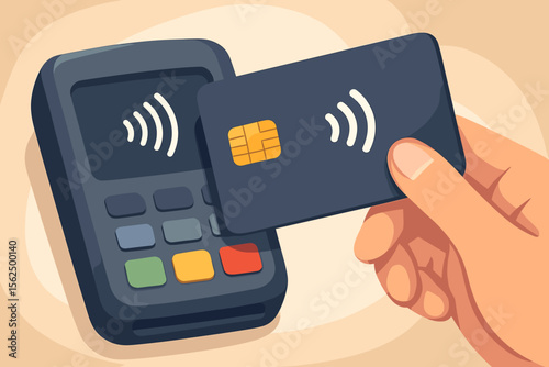 Contactless payment concept with credit card. Hand tapping POS terminal machine for transaction. NFC technology, tap to pay. Wireless cashless purchase. Electronic finance, banking.