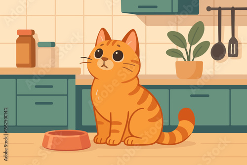 Cute ginger tabby cat waiting patiently for food next to an empty bowl in a modern kitchen. Adorable hungry kitten character begging for a meal. Domestic pet life vector concept.
