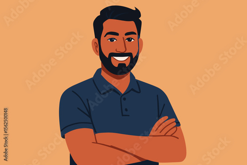 Portrait of a confident smiling Indian man with a beard and crossed arms. Young handsome professional or businessman character. Modern flat vector illustration for avatar.