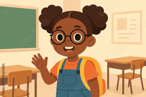 Adorable African American Schoolgirl with Glasses Waving in Classroom, Modern Flat Cartoon Vector, Child with Backpack, Elementary School Education, Diverse Kids, Back to School Concept