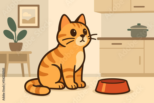 Hungry ginger cat waiting for feeding time in the kitchen. Cute cartoon pet sitting by an empty bowl. Concept of pet care and domestic animal life. Modern flat vector illustration.